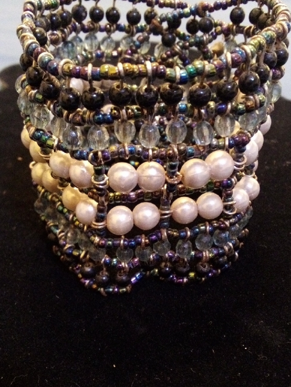 Multi-Strand Pearl & Bead Wrap Bracelet in Ivory and Iridescent Tones
